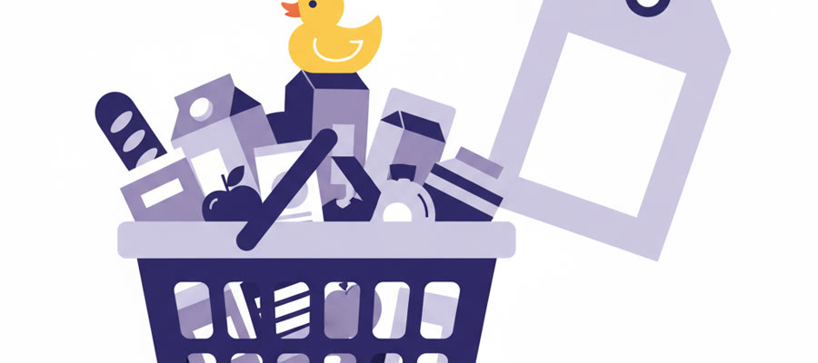 Корзина с продуктами, сверху лежит резиновая утка: та самая лишняя вещь, которую добрали ради порога